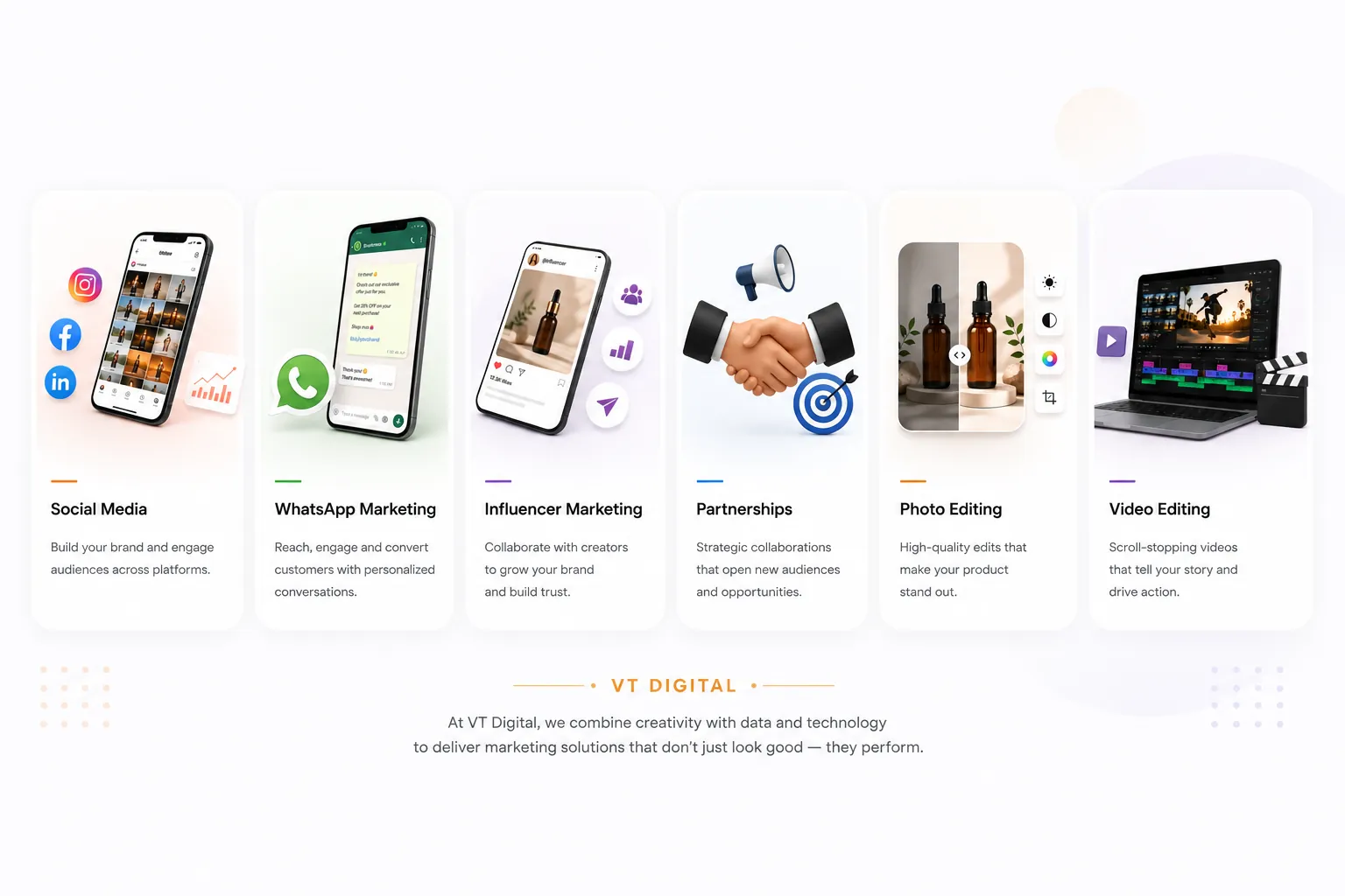 VT Digital services overview: social media, WhatsApp marketing, influencer marketing, partnerships, photo editing and video editing